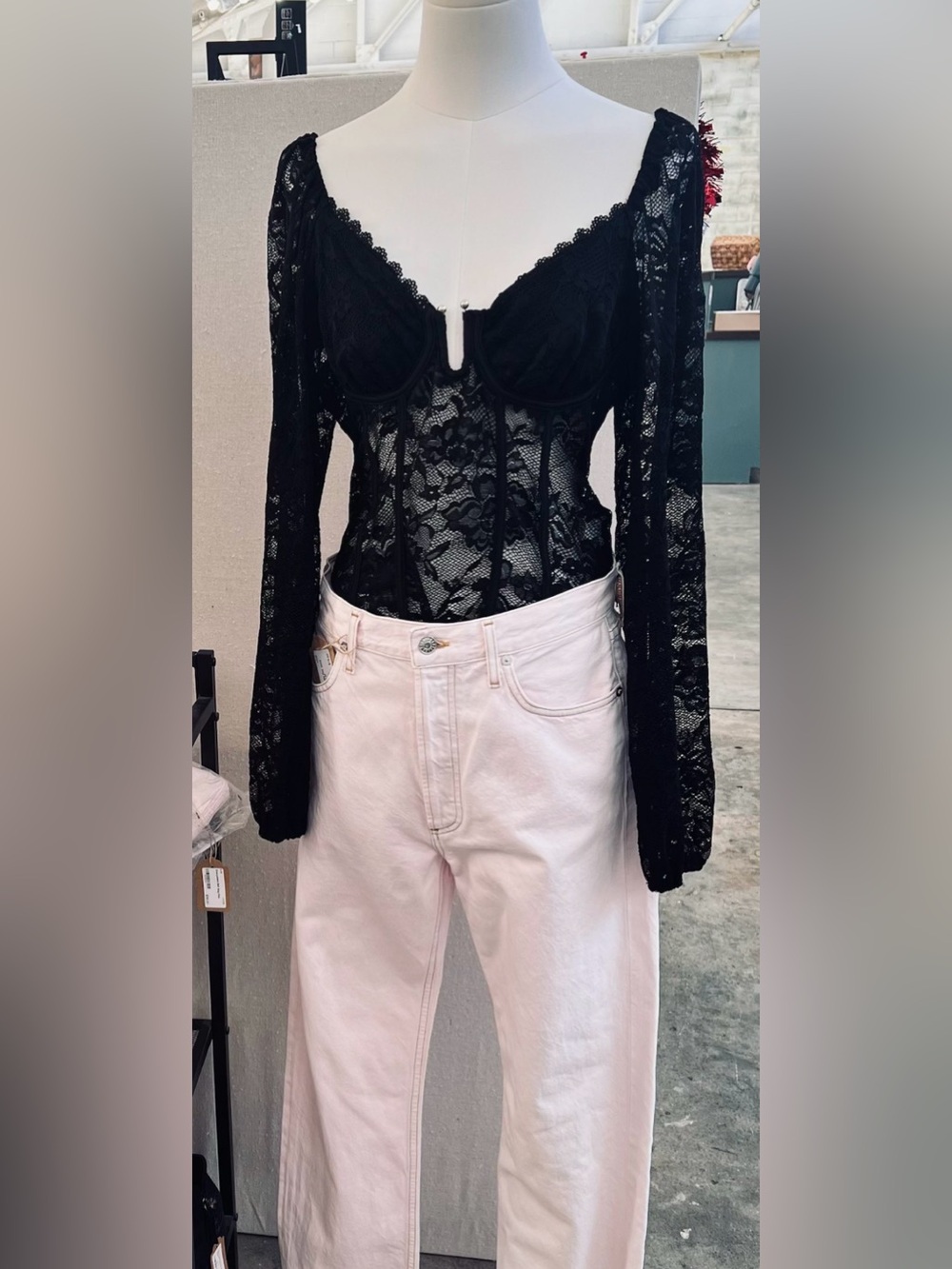 Black Lace Long-Sleeve  Bodysuit